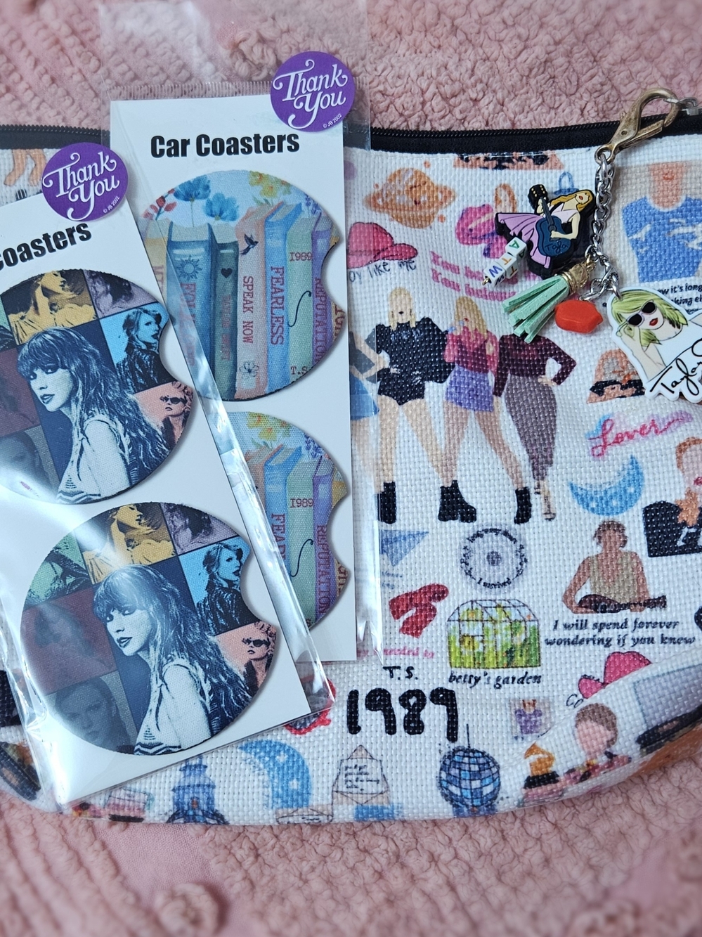 Taylor Swift Themed Pouch w/Car Coaster & Handmade Keychain Charms